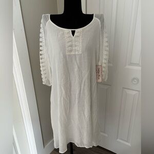 Indigo Rose White Gauzy Dress Open Crochet Sleeves Front Crochet Accent Large